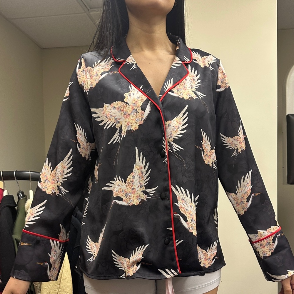 H&M Black Satin Bird Print Button-Up Blouse with Red Piping